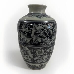 Vintage Asian Green & Black Celadon Crackle Vase 9.5"Tall /6" in. Diameter